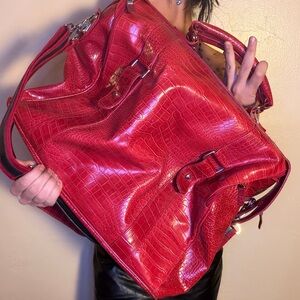 Red Large Crocodile-Embossed Faux Leather Duffle Weekender Bag